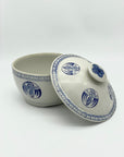 Vintage Stoneware Lidded Rice Warmer, Underglaze Blue Stamped Cranes. 20thC